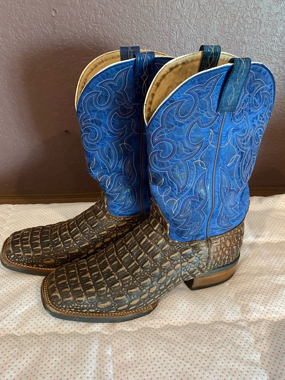 Cavender's Croc Print Western Cowboy Boots Men's 10.5 EE Brown Blue Square Toe